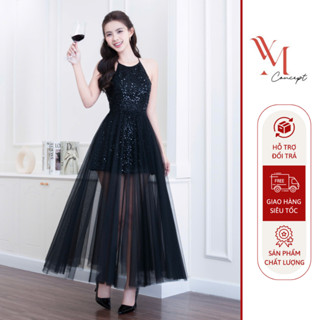  YM Concept Đầm Dáng Dài Cổ Yếm Ren Kim Sa Phối Lưới Sang Trọng Cuốn Hút D1382 