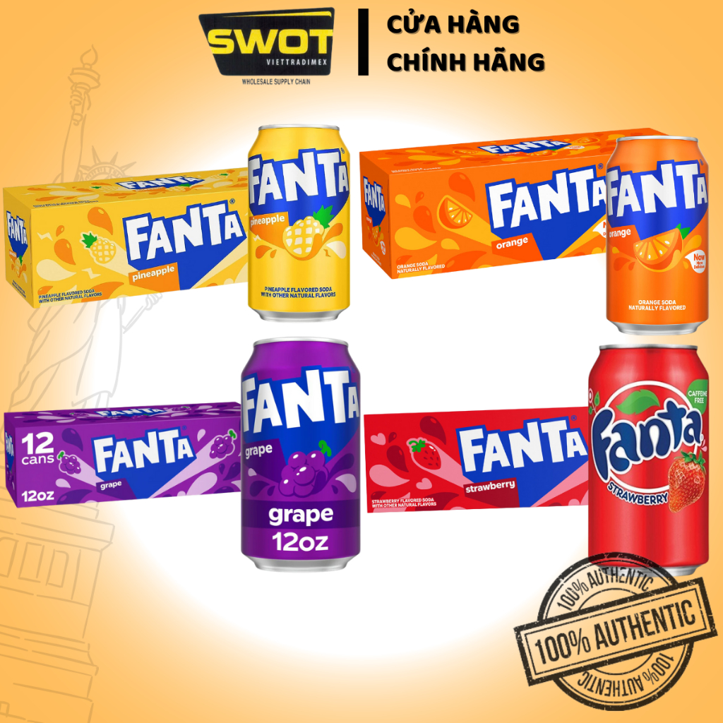 Thùng 12 lon Nước ngọt Fanta Mỹ 355ml nhiều vị, Nước giải khát có ga Mỹ cao cấp, thơm ngon đặc biệt
