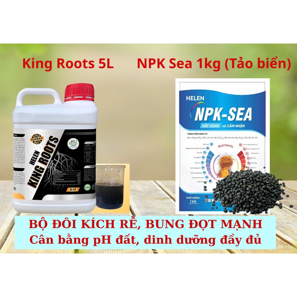 🌿 COMBO VÀNG – HELEN KING ROOTS 5L + NPK SEA 1KG CÂN BẰNG pH ĐẤT, KÍCH RỄ, CÂY KHỎE