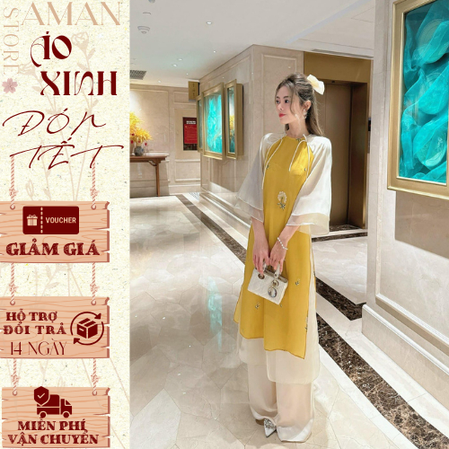 ☘TẶNG BỜM☘Áo dài cách tân Đường Yên,áo dài 4 tà cổ tròn chất liệu tơ nhăn thêu phối tay tơ Oranga 2 