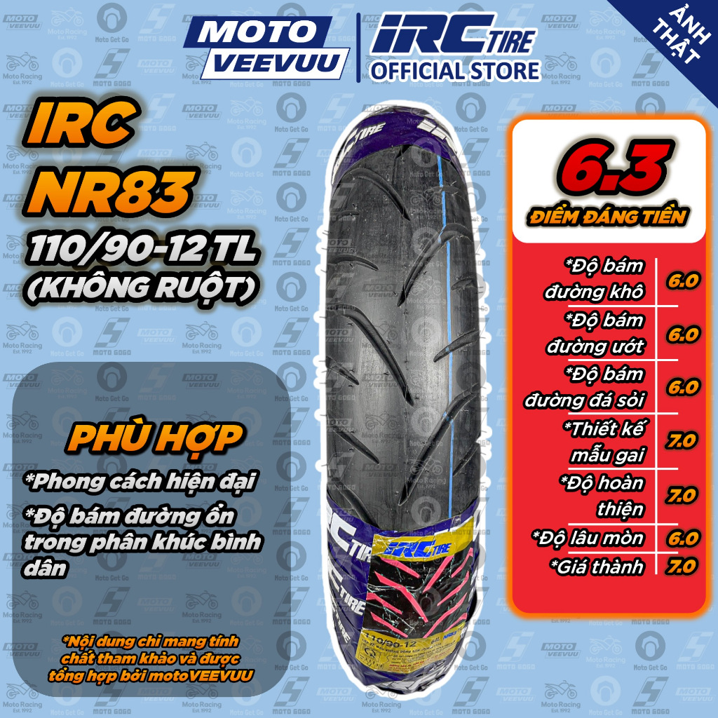 [MTVV] Vỏ lốp xe máy IRC INOUE 110/90-12 TL NR83 Sau Scoopy FreeGo Zommer-X 110 90 12<END>