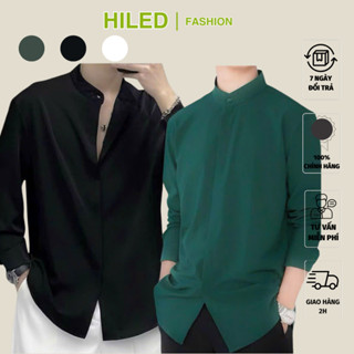  Áo Sơ Mi Cổ Tàu Nam Trơn Phối Nút HILED Form Rộng Lụa Mango Dài Tay Thời Trang Hàn Quốc 