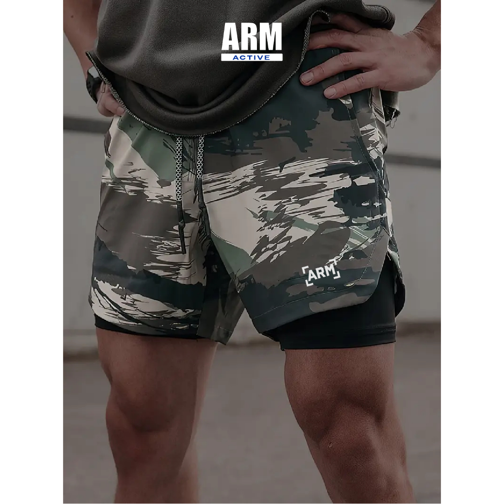 Quần Đùi Nam Thể Thao 2 lớp Camo ARM tập gym, chạy bộ thoáng khí, thấm hút mồ hôi và thoải mái vận động