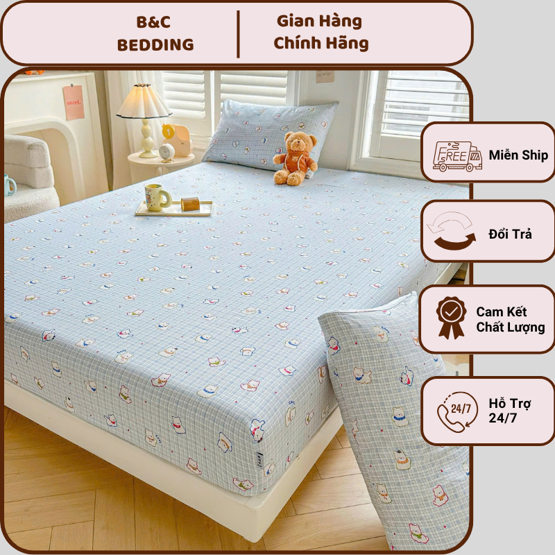 Bộ 3 món ga gối Cotton đũi BC Bedding hàng nhập khẩu, set ga giường họa tiết vitage đủ các size