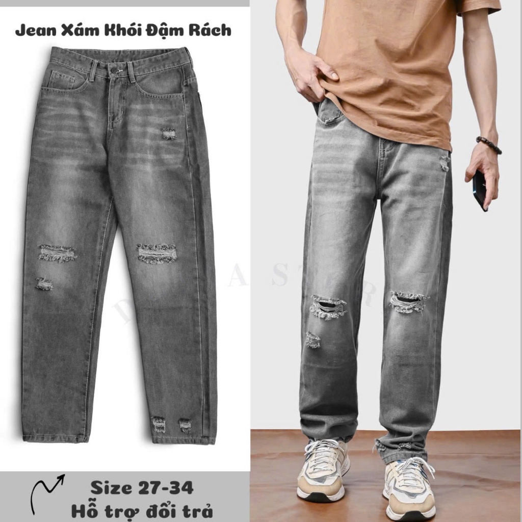 Quần Jean Nam Baggy Form Suông Ống Rách Thời Trang,Quần Jean Nam Ống Suông Xám Chất Liệu Cao Cấp
