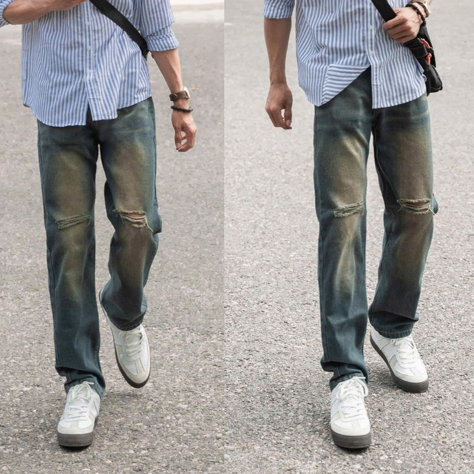 Quần Jean Nam Baggy Form Suông Ống Rách Thời Trang,Quần Jean Nam Ống Suông Xanh Chất Liệu Cao Cấp