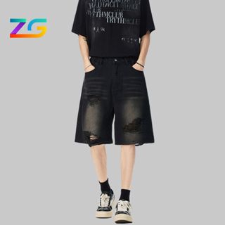 Quần jeans lửng ZGO quần short jean lửng ống rộng wash rách form unisex chất jeans dày dặn QZG08