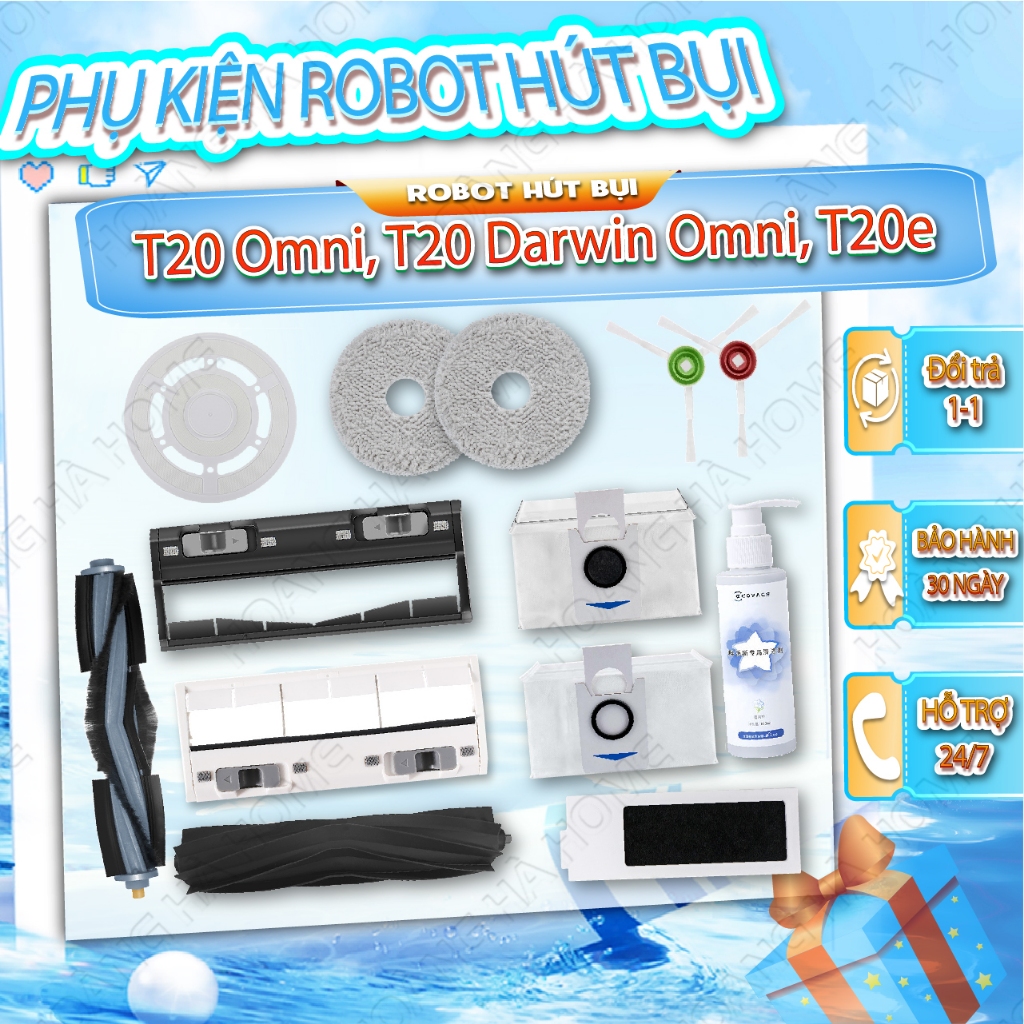 Phụ kiện robot hút bụi HOÀNG HÀ HOME T20 omni, T20 Darwin - Chổi giữa, Chổi cạnh, túi rác, khăn lau