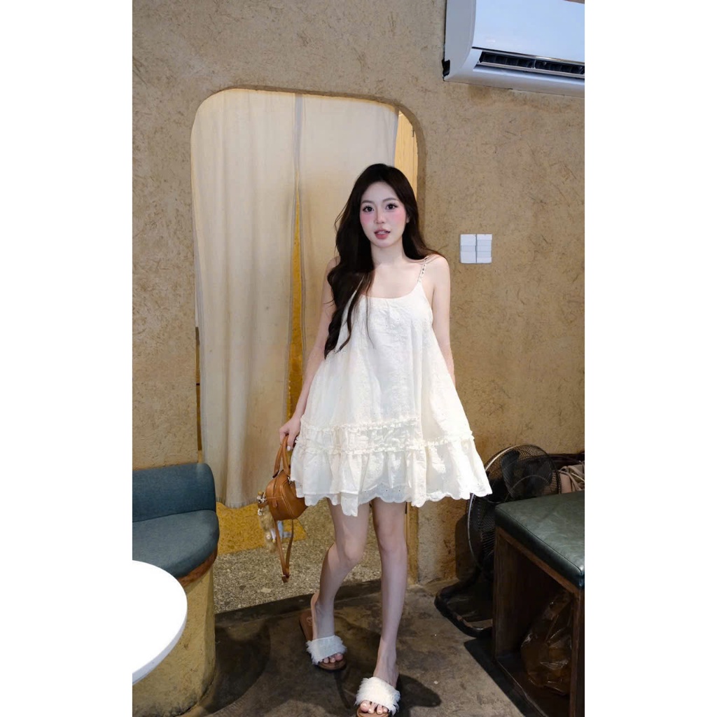  Đầm váy hai dây babydoll ren họa tiết phối chân váy xếp ly tầng bèo nhẹ nhàng 
