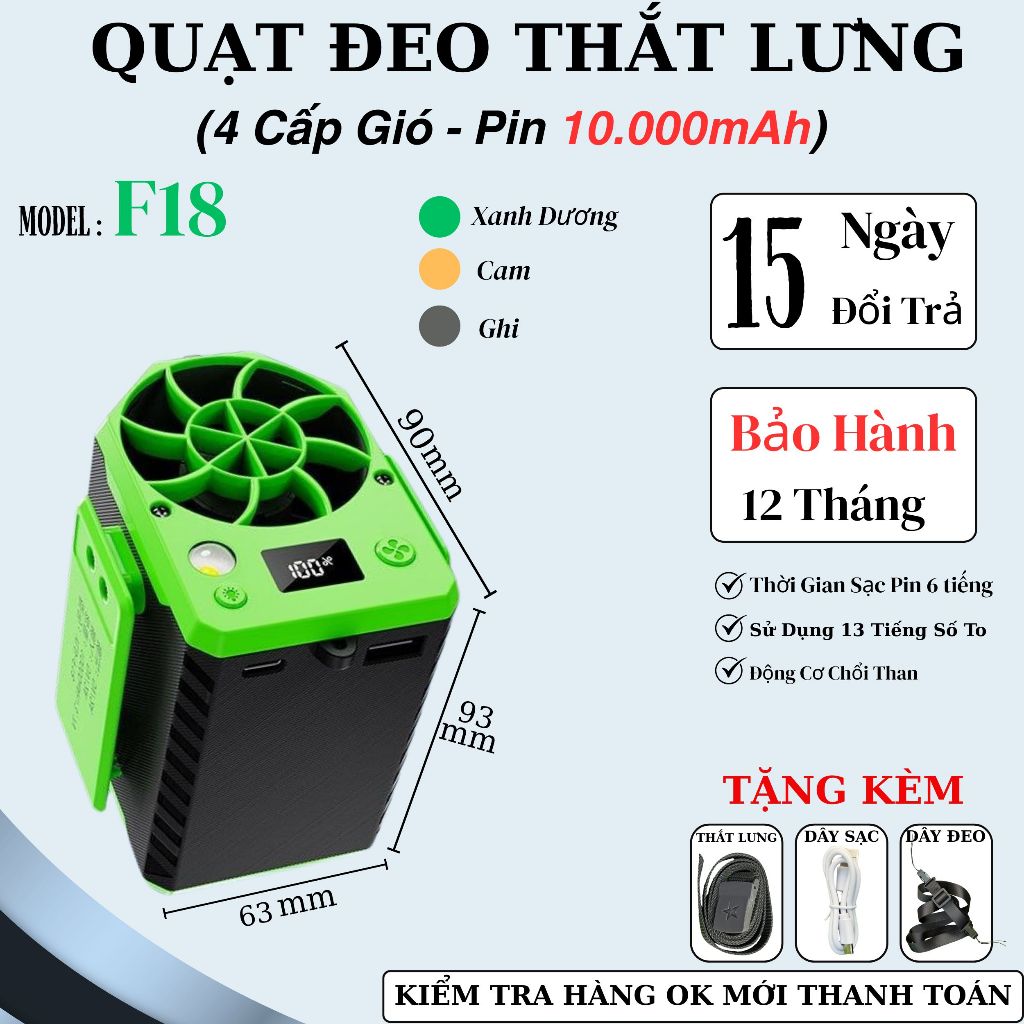 Quạt mini đeo thắt lưng F18 , Phiên bản nâng cấp bảo hành chính hãng 12 tháng