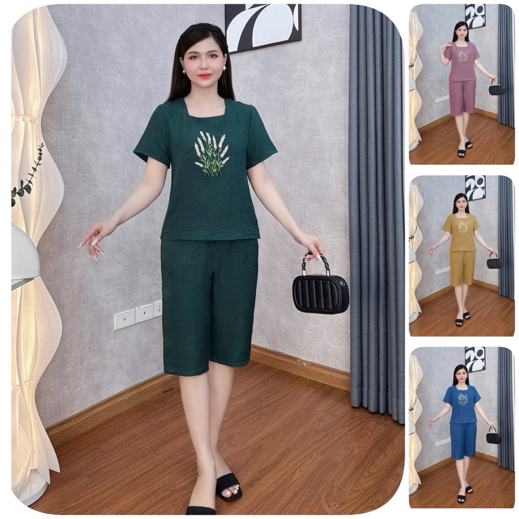  Bộ đồ trung niên đồ bộ mặc nhà Loudra shop B23 đồ bộ tặng mẹ quần lửng áo cộc hàng đũi vân mây Top Tím Nữ Women 