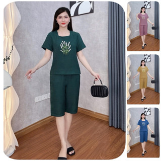  Bộ đồ trung niên đồ bộ mặc nhà Loudra shop B23 đồ bộ tặng mẹ quần lửng áo cộc hàng đũi vân mây Top Tím Nữ Women 