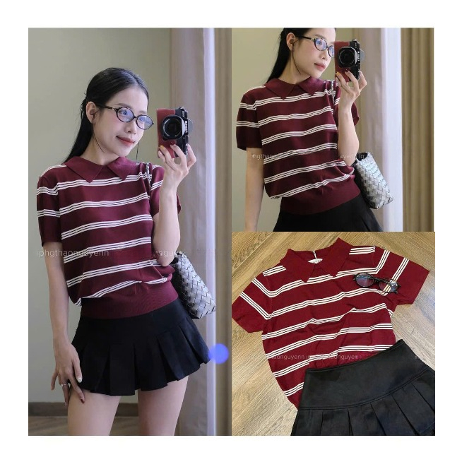 Áo  Len Cổ Bẻ Kẻ Sọc Đỏ Trắng – Chất Len Mềm Mịn, Phong Cách Trẻ Trung Năng Động HA1 | BigBuy360 - bigbuy360.vn