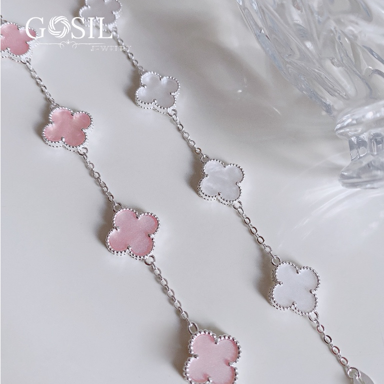 Lắc tay cỏ 4 lá đá nhũ hồng/ trắng bạc 925 cao cấp thương hiệu GOSIL