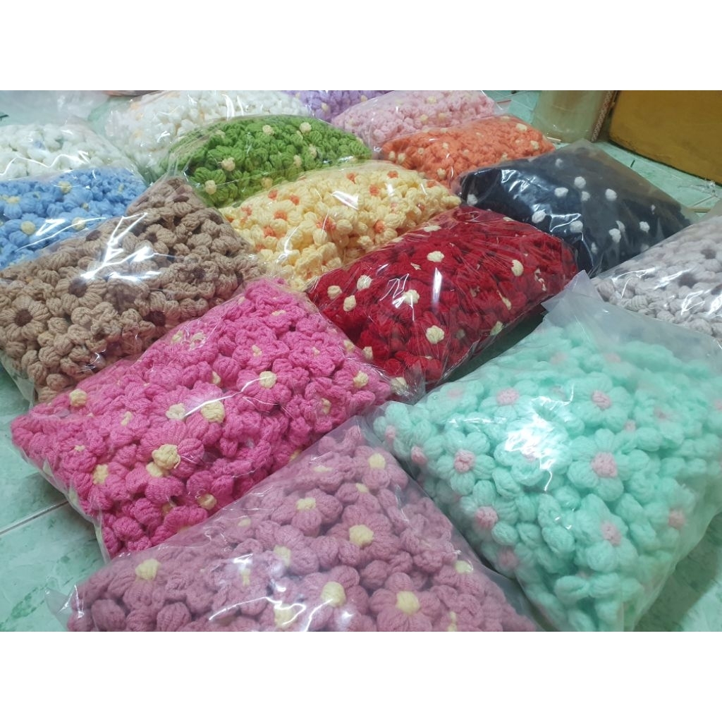 Sỉ 100 hoa hạt bắp, hoa 6 cánh, dâu móc len thủ công