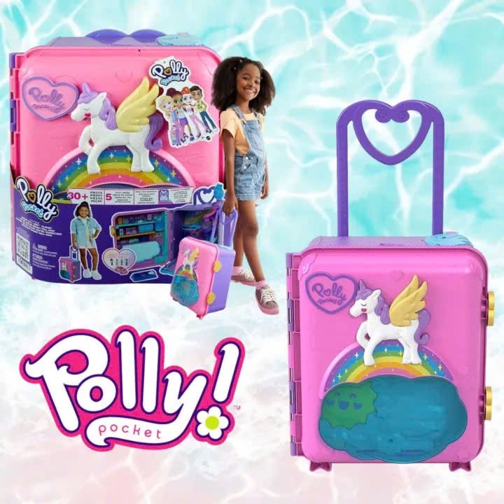 🌈 Vali Đồ Chơi Polly Pocket Kỳ Lân – Bộ Chơi 30+ Chi Tiết, 5 Khu Vực Vui Chơi, Có Tay Kéo Tiện Lợi