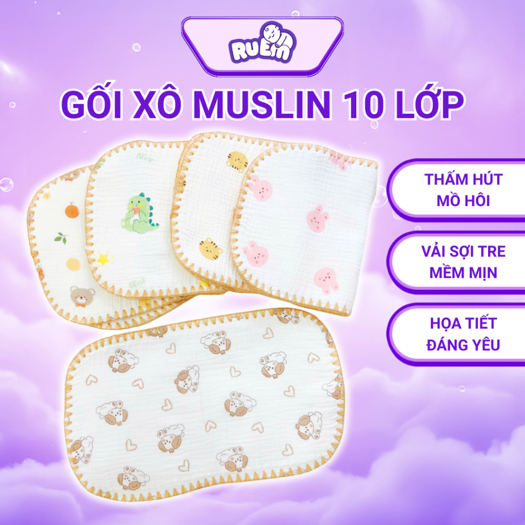 Gối xô sơ sinh Muslin 10 lớp chống bẹp đầu, lót đầu vải sợi tre mềm mịn thấm hút tốt, họa tiết 2 mặt dễ thương cho bé