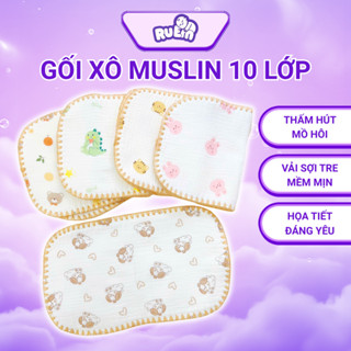 Gối xô sơ sinh Muslin 10 lớp chống bẹp đầu, lót đầu vải sợi tre mềm mịn thấm hút tốt, họa tiết 2 mặt dễ thương cho bé