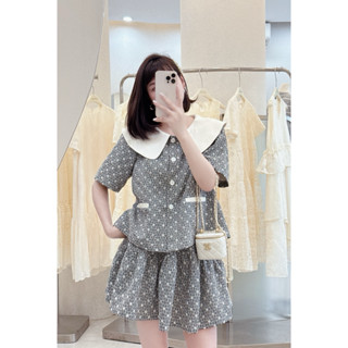 Set áo kẻ đen trắng cổ bẻ to tiểu thư dáng babydoll – Set váy ngắn 2 tầng nữ xinh PETBYCHANG