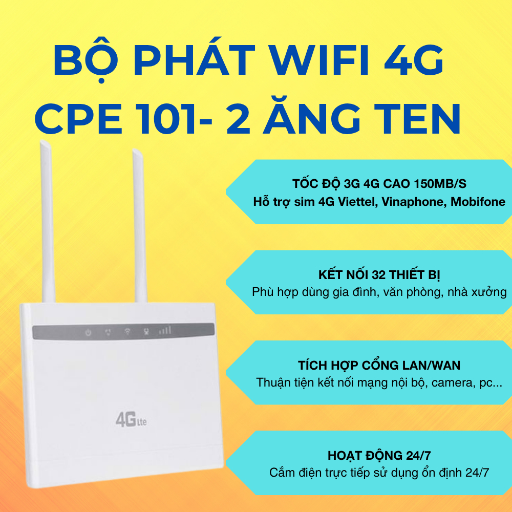 Bộ Phát Wifi Từ Sim 3G 4G LTE CPE có Cổng Lan , Truy Cập Tối Đa 16- 32 Thiết Bị , Lắp Cho Gia Đình ,