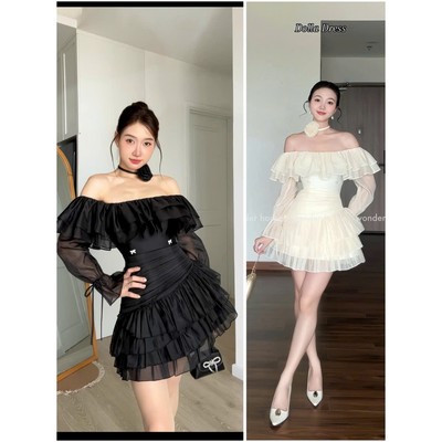 Dolla Dress Wonderhouse Đầm trễ vai tay dài dáng xòe chất vải dày dặn dự tiệc dạo phố sang trọng, nữ tính
