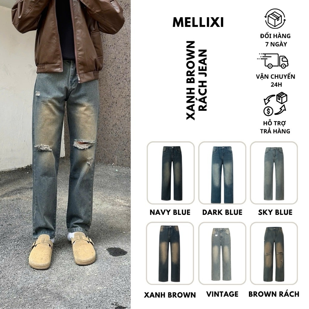  Quần jean nam ống suông rộng M10 quần bò nam đen xám dáng baggy vải demin phong cách hàn quốc MELLIXI 