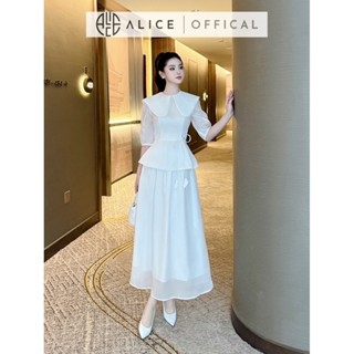 Váy Tiểu Thư Alice Chất Tơ Óng Hàn, Áo Peplum Tay Bồng Cổ Cách Điệu Bản Lớn Phối Chân Váy Chữ A Dáng Dài S908