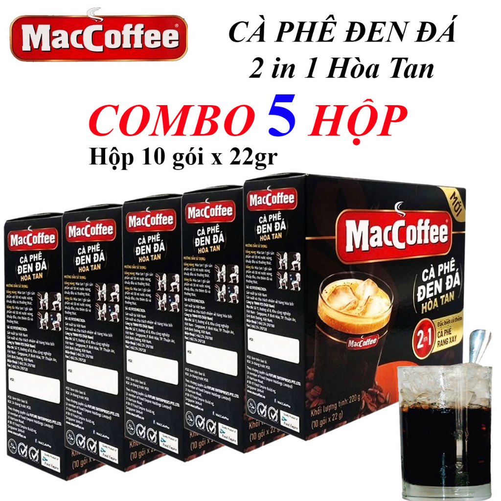MacCoffee Combo 5 hộp Cà Phê Đen Đá Hòa Tan 2in1 Chuẩn Vị Cà Phê Rang Xay Hộp 10Gói x 22gr Tiện Lợi