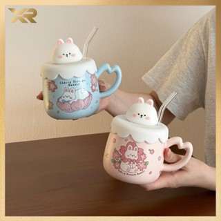  Cốc uống nước cốc sứ hình thỏ dễ thương làm quà sinh nhật quà tặng 390ml+Ống hút thuỷ tinh TTB 05 