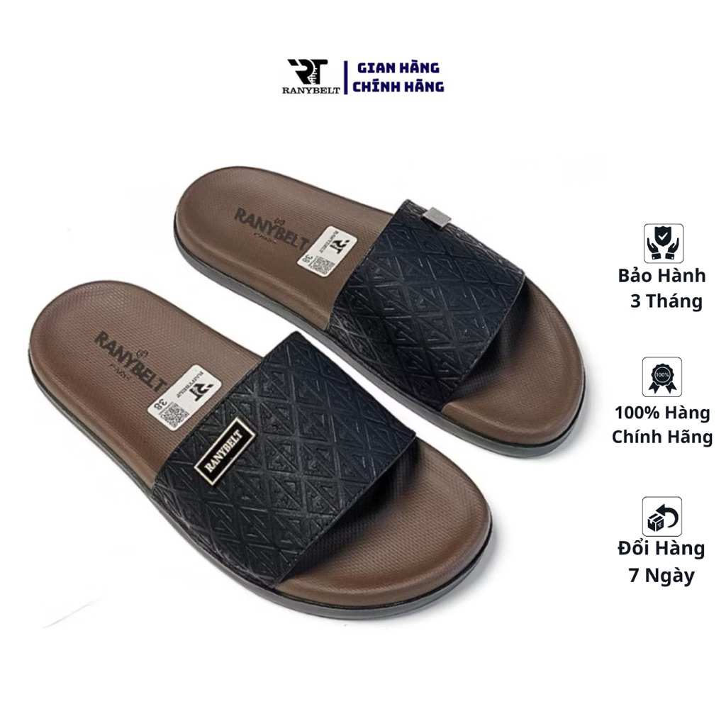 Dép da nam quai ngang RANYBELT GIÀY NAM CAO CẤP đế cao su chống trơn trượt RT17 màu Đen Mặt nâu