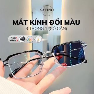  Mắt kính cận nam SATINO đổi màu chống ánh sáng xanh tia uv gọng kính vuông chữ nhật nửa viền kim loại cao cấp S10 