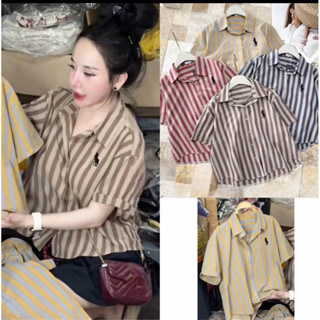 Áo sơ mi TAY Lỡ kẻ sọc Thêu Ngựa Mẫu hot trend 2025