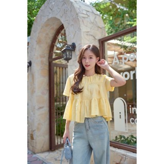 Áo Babydoll Nữ Tay Ngắn Đũi Nhăn Vạt Lệch MADELEN Form Rộng Vintage Hàn Quốc