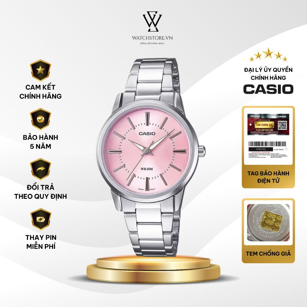 Đồng Hồ Casio Nữ Công Sở Màu Hồng LTP-1303D-4AVDF Dây Kim Loại Dạ Quang Kính Khoáng Size Mặt 26mm Ch