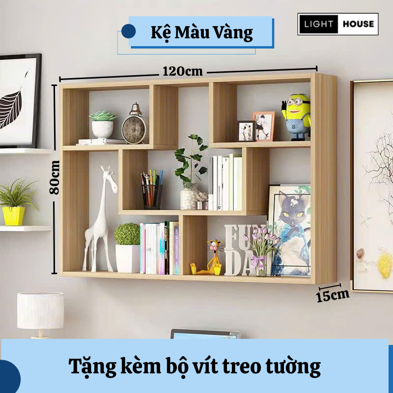 Kệ sách treo tường nhiều ngăn, Kệ trang trí, Kệ gỗ gắn tường trang trí trắng đen vàng Gỗ MDF