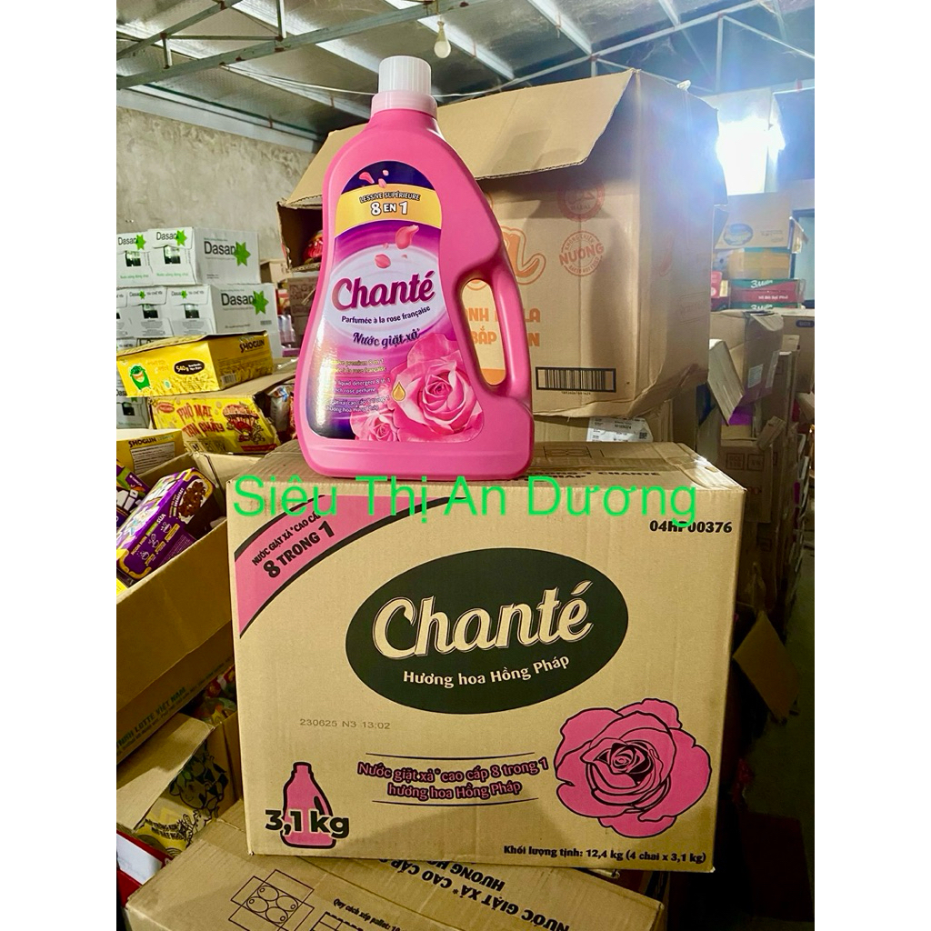 [CHÍNH HÃNG] 1 thùng ( 4 can ) 4 túi loại 3,1kg  Nước giặt xả 8 in 1 Chante hoa hồng pháp. mềm vải, 