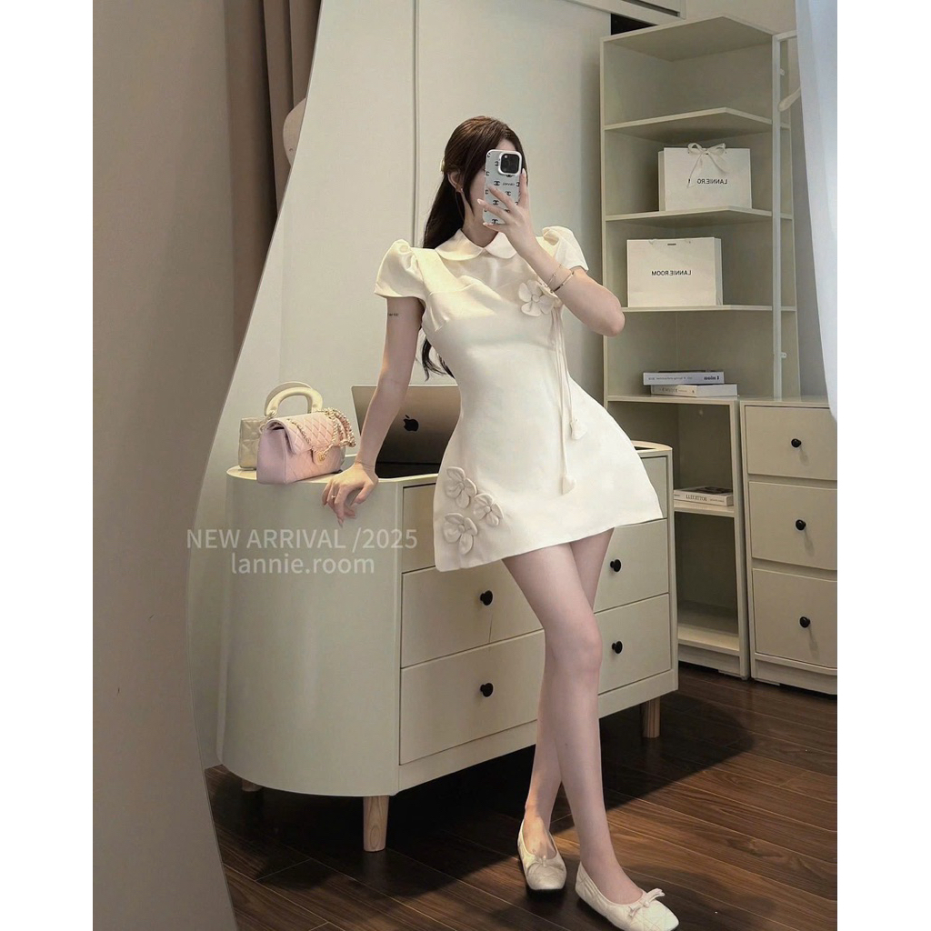 [V1.1050] Váy Thiết Kế Cổ Sen Đính Hoa Dáng Chữ A Hàng 2 Lớp Sang Chảnh | BigBuy360 - bigbuy360.vn