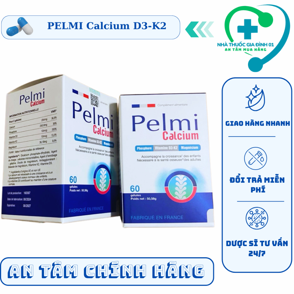 [CHÍNH HÃNG] Viên Uống  PELMI Calcium D3-K2  bổ sung Canxi-D3-K2 giúp tăng chiều cao (hộp/60v)