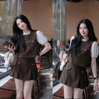   S2.4137  Set 3 Món Áo Sơmi Cổ Sen Mix Yếm Gile + Chân Váy Xếp Ly 3 Màu  cvay có lót  