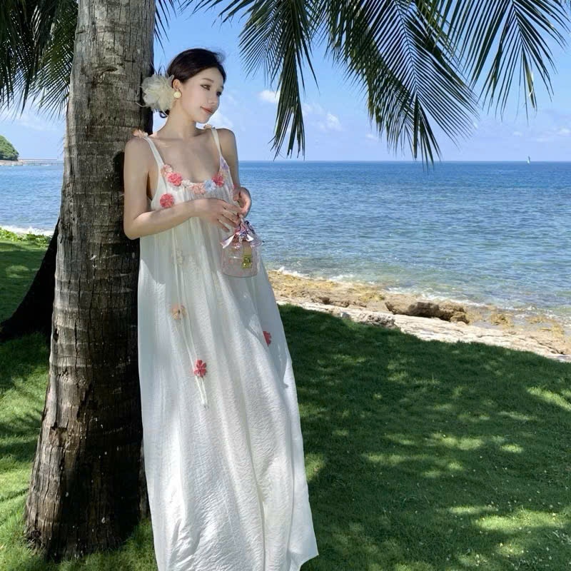 Váy 2 dây maxi babydoll dáng dài phối viền hoa