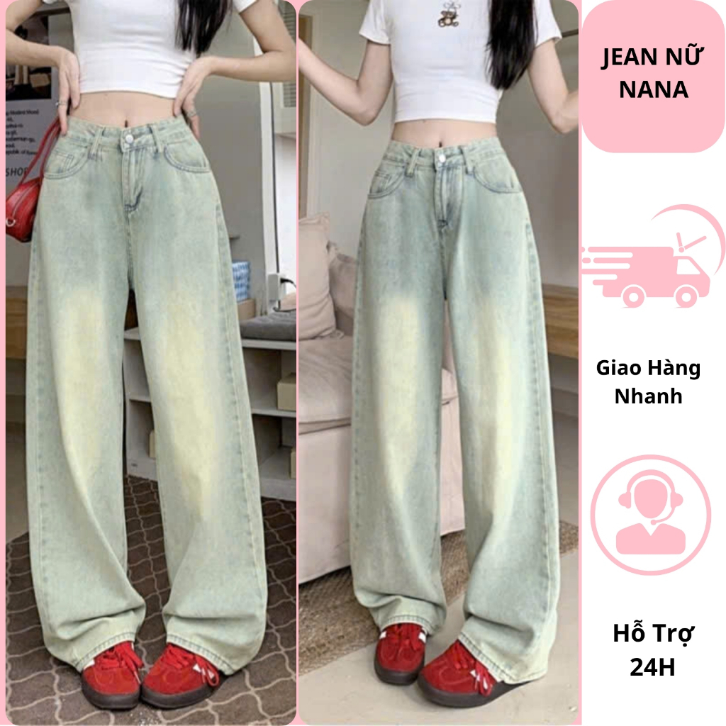 Quần jeans ống suông lưng cao màu xanh bạc phủ bụi quần bò nữ ống rộng chất vải mềm mại không nhắn hottrend 2025