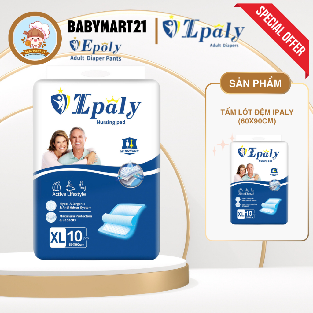 TẤM LÓT ĐỆM IPALY CHO NGƯỜI GIÀ, BỆNH NHÂN VÀ PHỤ NỮ SAU SINH SIZE XL 60_90cm túi 10 miếng