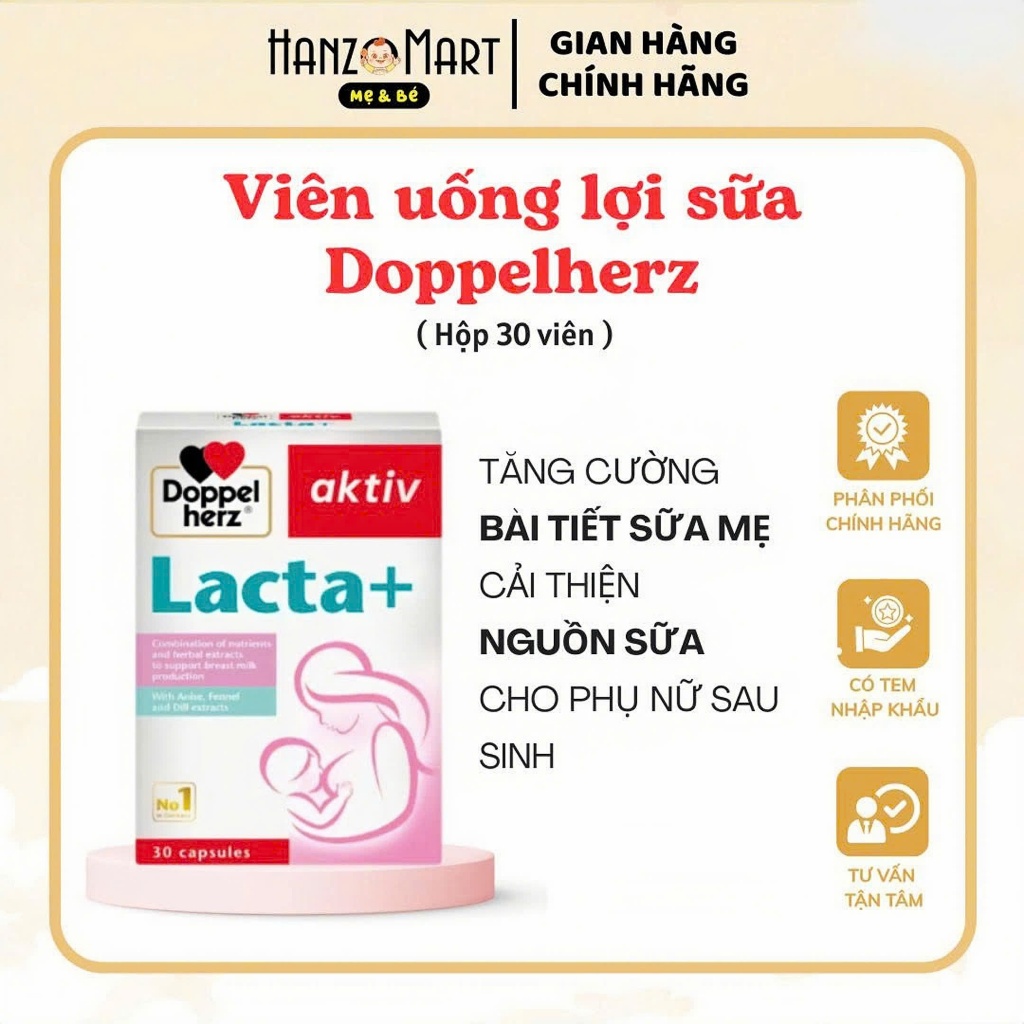 Viên uống lợi sữa Doppelherz Aktiv Lacta+ hỗ trợ cải thiện nguồn sữa mẹ sau sinh (Hộp 30 viên)