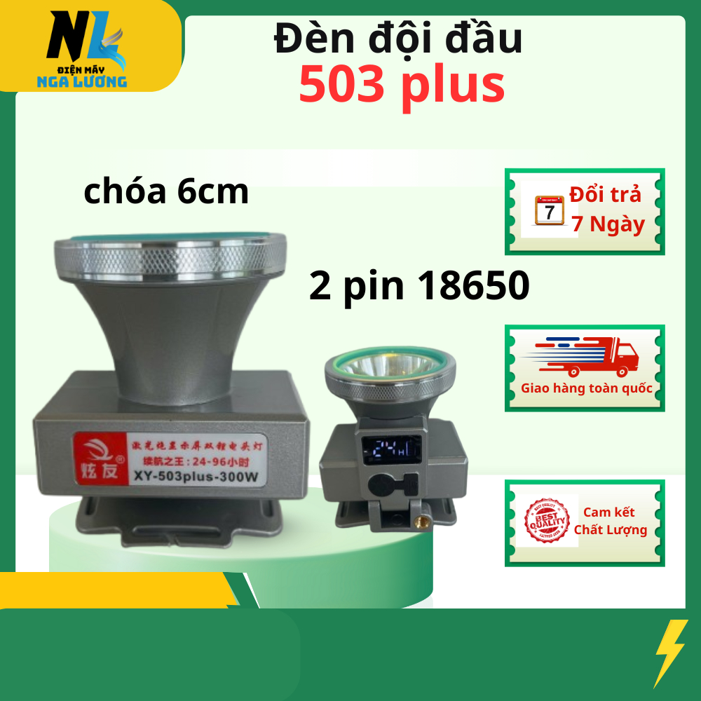 503 plus , đèn đội đầu chóa 6cm, thân vỏ nhựa ABS siêu bền , 2 pin 18650 tổng dung lượng 6000mAh, nhỏ gọn , nhẹ 180g
