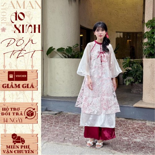Áo dài cách tân Như Hoa ☘TẶNG BỜM☘ Áo dài 4 tà xẻ tà trước lớp ngoài voan in phối tay tơ Oranga MS44