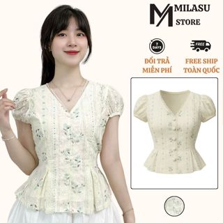  Áo Kiểu Nữ Ôm Eo Hoạ Tiết Thêu Hoa Phối Cúc Bọc Milasu Áo Tay Hến Cổ V Phối Ren Buộc Dây Eo 452 