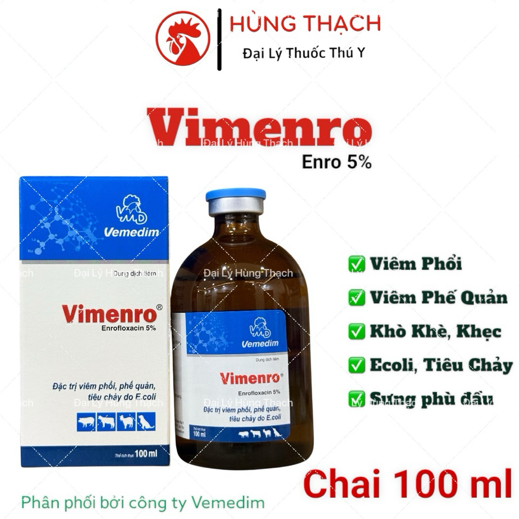 Vimenro VMD - Enro 5% (100ml) Tiêu chảy, viêm phổi, viêm phế quản, thương hàn heo, chó, mèo, trâu