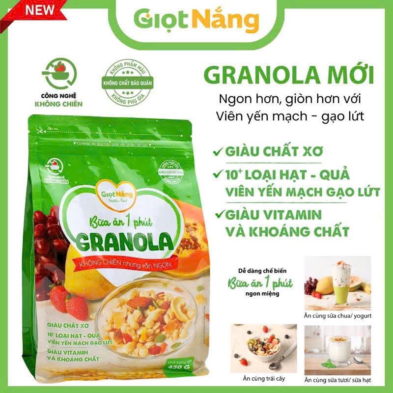 Granola GIỌT NẮNG mới ngũ cốc ăn sáng ngon giòn, healthy lành mạnh từ hạt và trái cây, túi 450gr