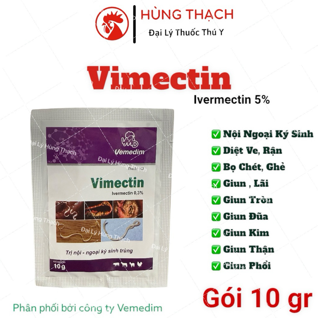 Vimectin 10gram VMD diệt nội ngoại ký sinh ve rận, bọ chét, mạt, giun lãi, giun tròn chó mèo, gà,heo