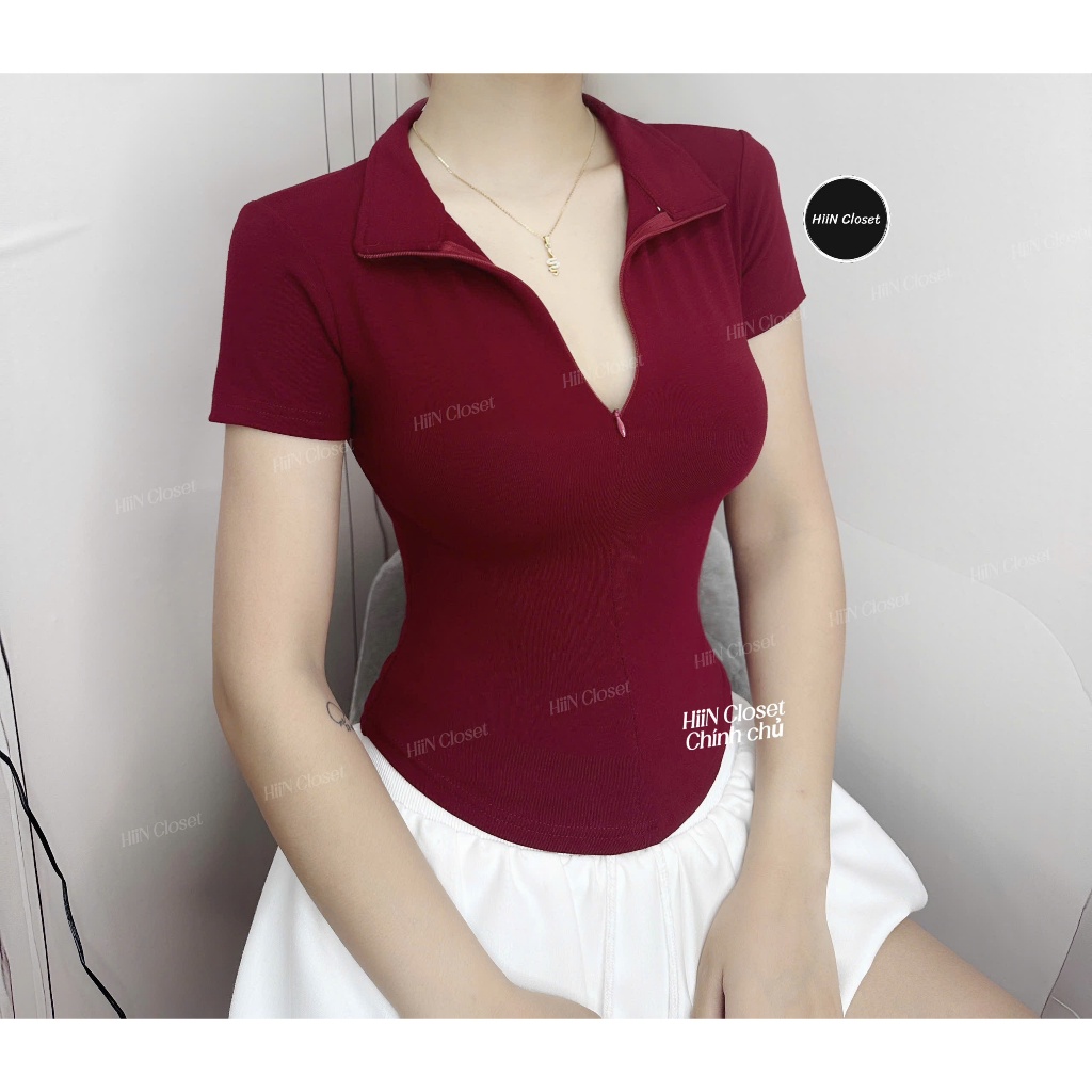 Áo thun nữ cổ bẻ phối khoá giọt lệ ôm body / Áo thun vạt bầu chất zip co giãn HiiNCloset - 127